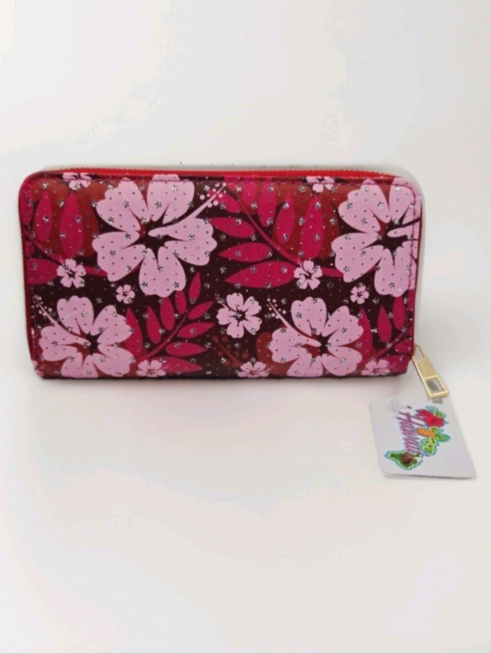 Island Sense Pink Red Floral Hibiscus Zip Around Wallet Glitter Sparkle NWT